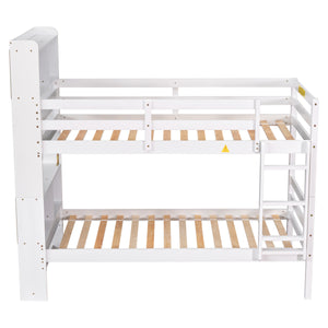 Twin Over Twin Bunk Beds with Bookcase Headboard, Solid Wood Bed Frame with Safety Rail and Ladder, Kids/Teens Bedroom, Guest Room Furniture, Can Be converted into 2 Beds, White