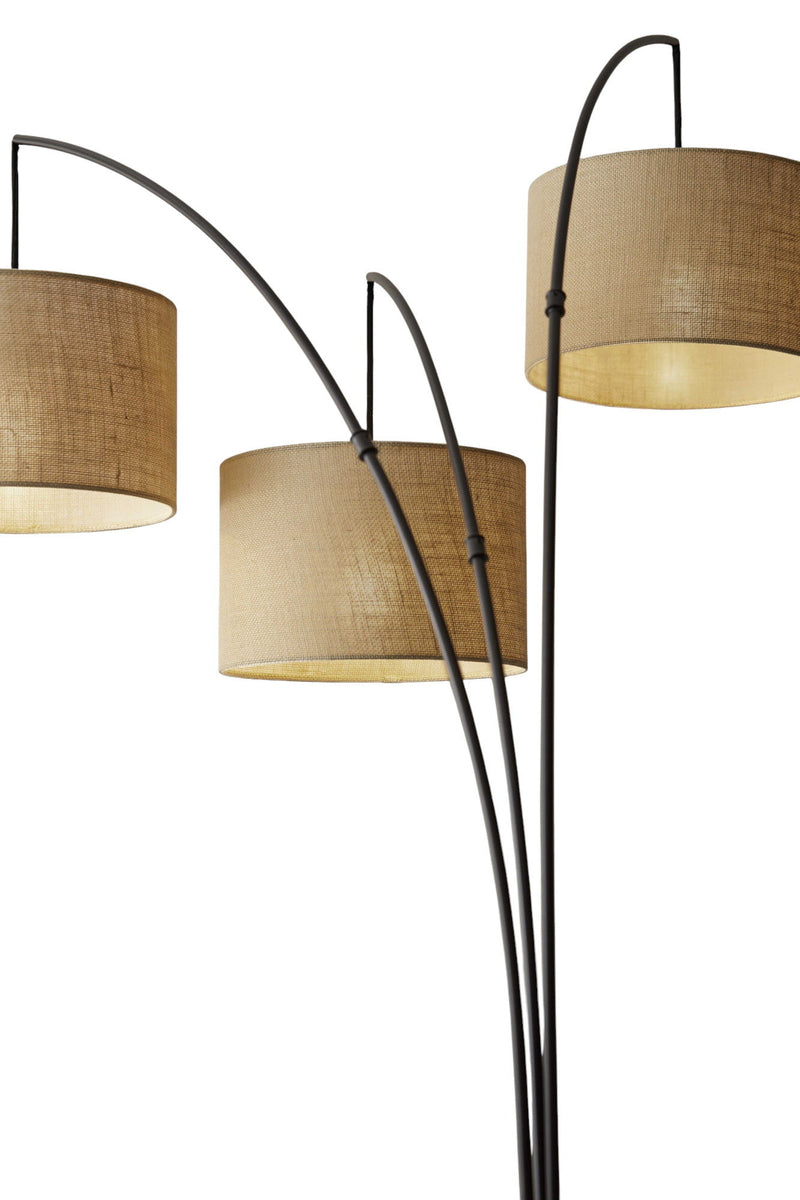 Metal Three Light Tree Floor Lamp With Beige Fabric Drum Shades - Antiqued Black / Bronze