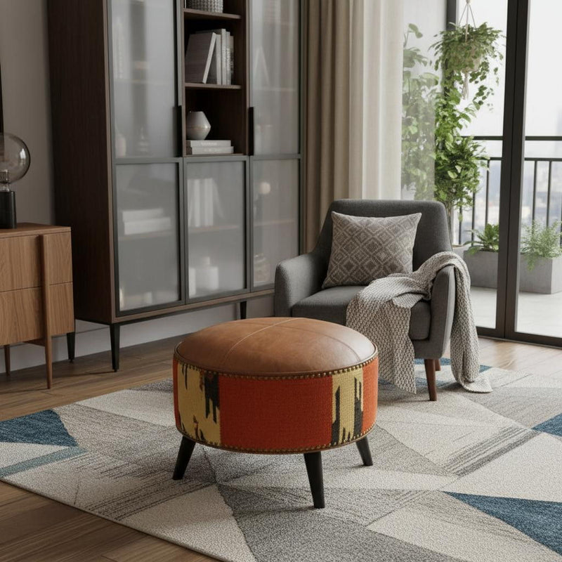 Leather Round Footstool (723463) - Brown