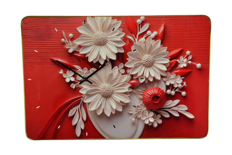 Silent Analog Floral Wall Clock - White / Red / Black