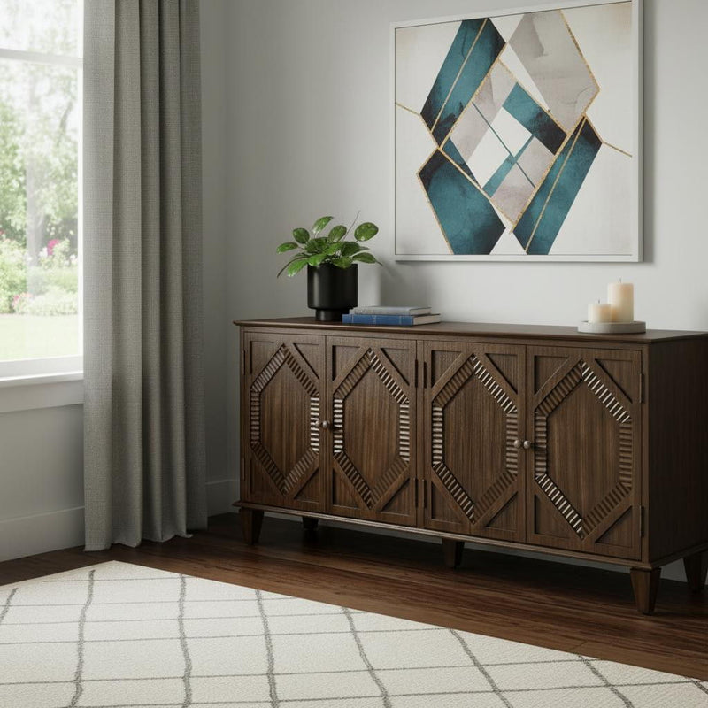 Wood Carved Geometric Accent Cabinet With Four Doors - Brown