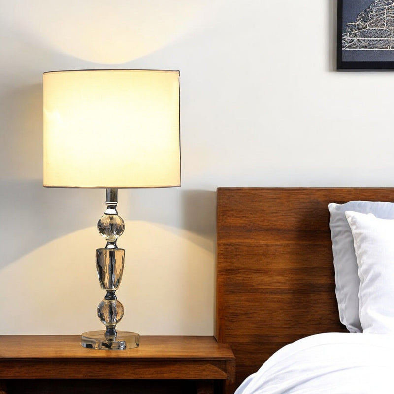 Cut Faux Crystal Glam Table Lamp With White Classic Drum Shade - Clear