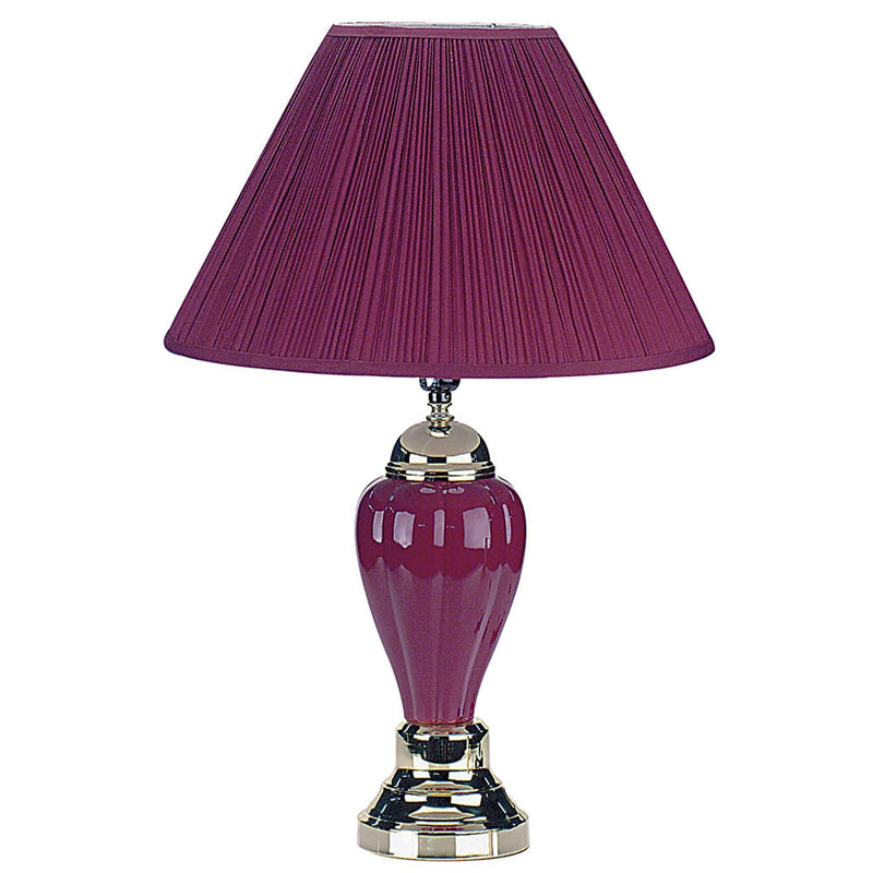 Ceramic Bedside Table Lamp With Magenta Empire Shade - Silver