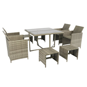 9 Pieces Patio Dining Sets Outdoor Space Saving Rattan Chairs with Glass Table Patio Furniture Sets Cushioned Seating and Back Sectional Conversation Set Grey Wicker + Grey Cushion