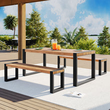 Load image into Gallery viewer, 3 Pieces Outdoor Dining Table With 2 Benches, Patio Dining Set With Unique Top Texture, Acacia Wood Top &amp; Steel Frame, All Weather Use, For Outdoor &amp; Indoor - Natural
