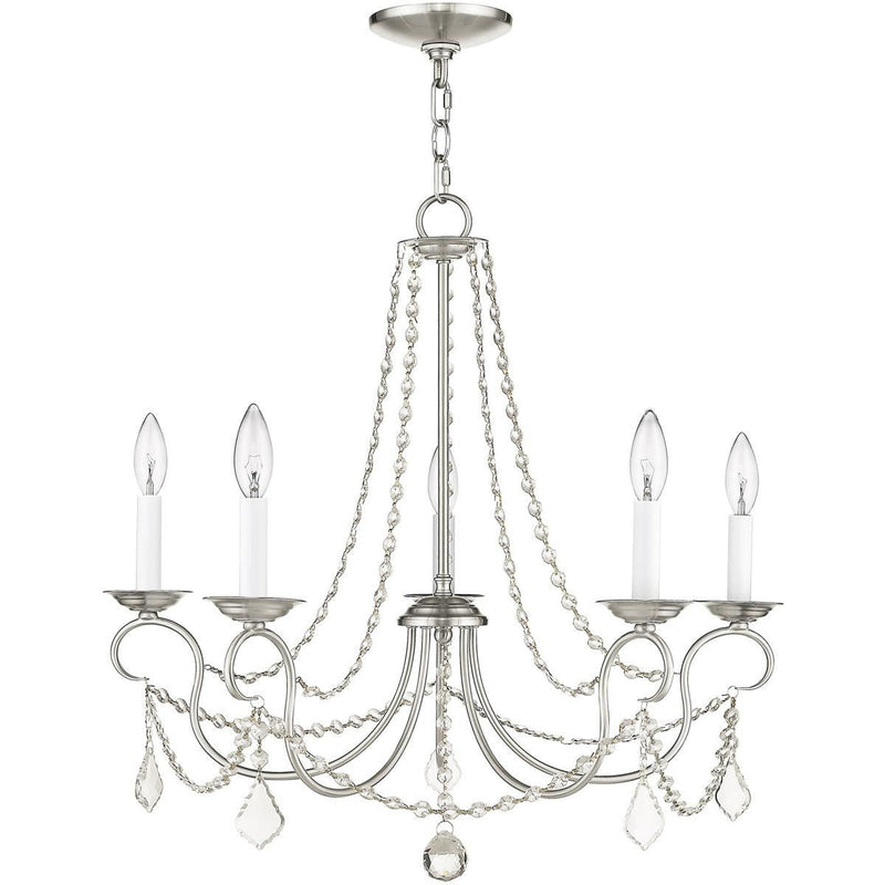 23" Five Light Dimmable Chandelier With Shades - Pearl Silver / Nickel
