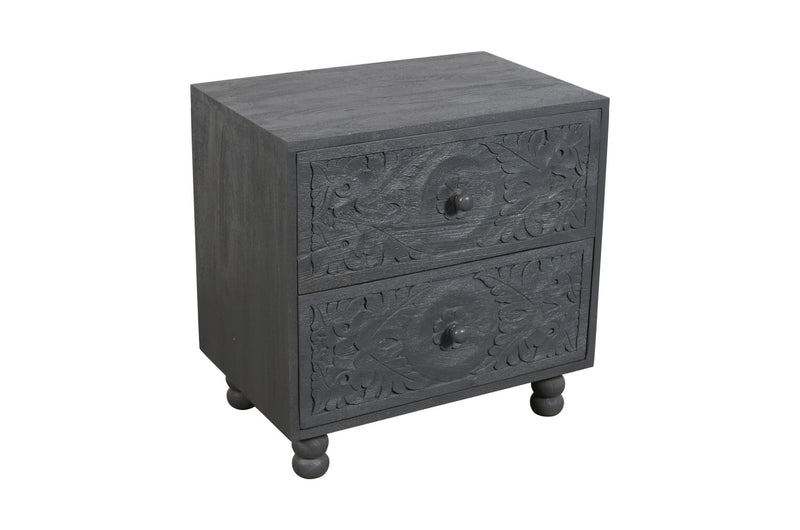 Solid Wood Carved Scrollwork Two Drawer Nightstand - Gray
