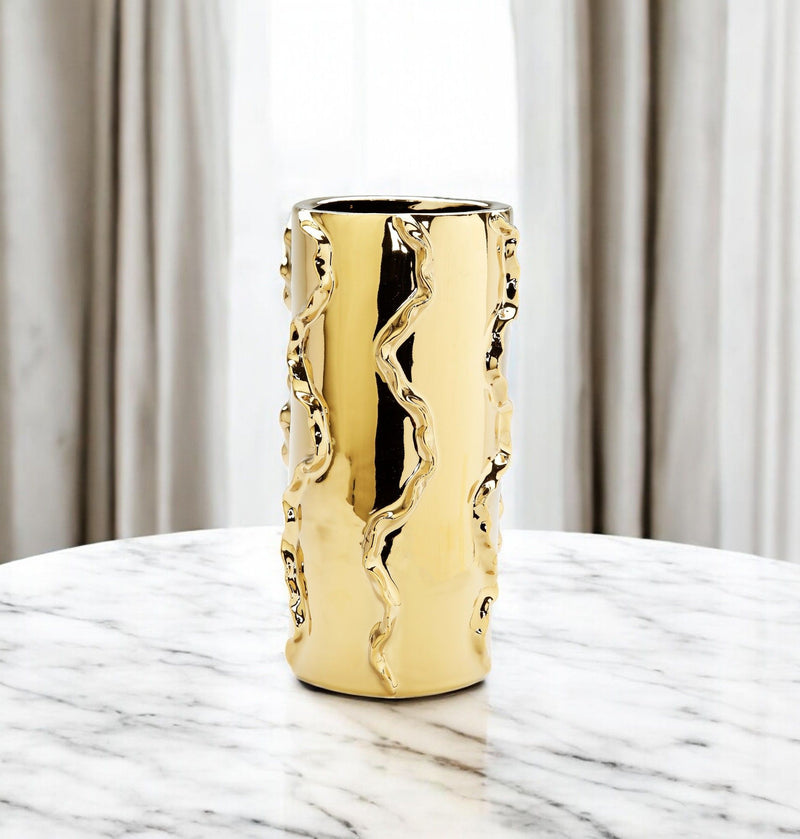 Cylinder Table Vase With Sculptural Details - Gold