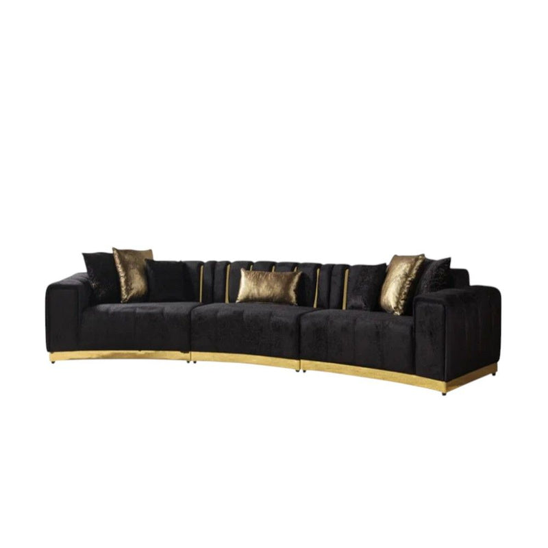 Velvet Curved Three Piece Sectional With Toss Pillows - Black