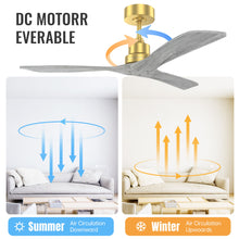 Load image into Gallery viewer, Indoor Ceiling Fan Without Light 3 Solid Wood Blades Remote Control Reversible Dc Motor - Gold
