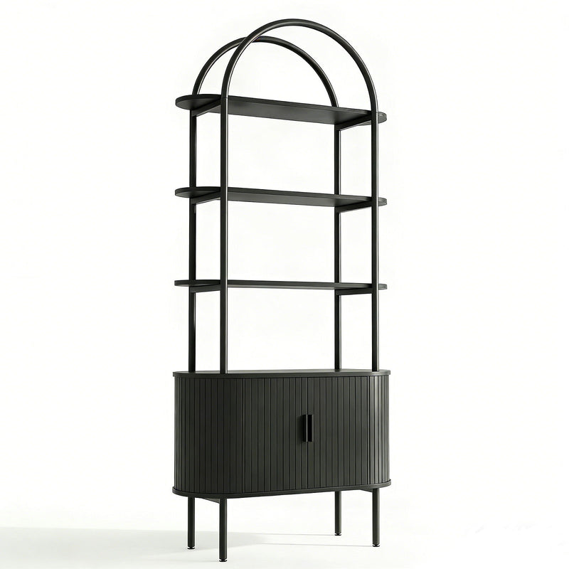 Four Tier Arched Etagere Bookcase With Two Doors - Black