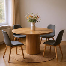 Load image into Gallery viewer, 56" Solid Wood Ribbed Texture Pedestal Base Round Dining Table - Brown
