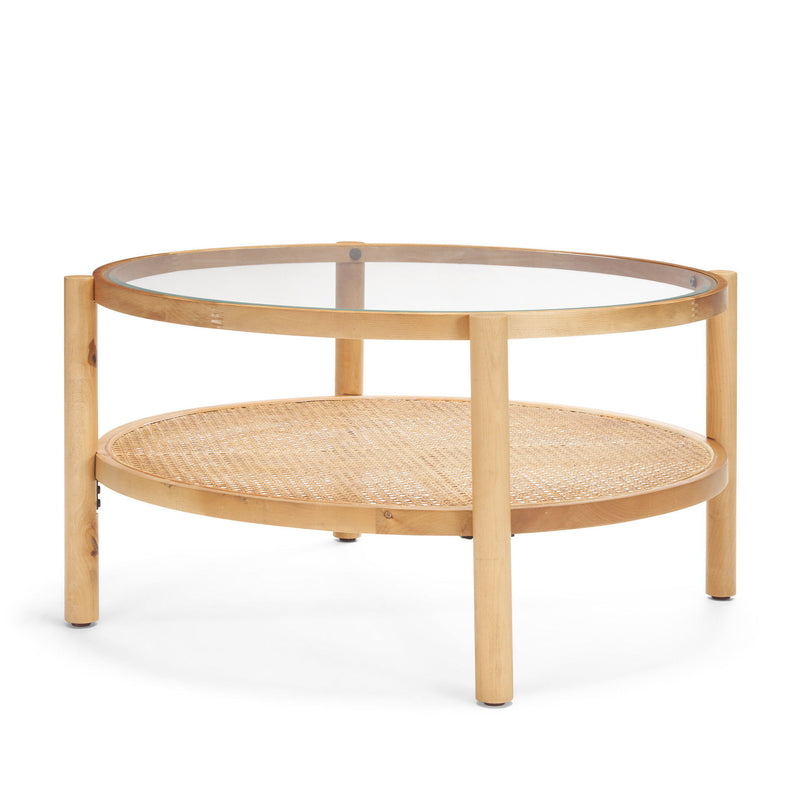 34" Glass And Solid Wood Round Coffee Table With Shelf - Clear And Natural