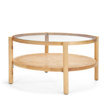 Load image into Gallery viewer, 34" Glass And Solid Wood Round Coffee Table With Shelf - Clear And Natural
