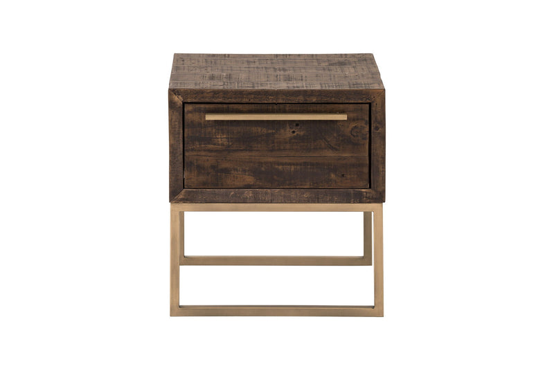 Reclaimed Wood End Table With Drawer - Antiqued Brass And Brown