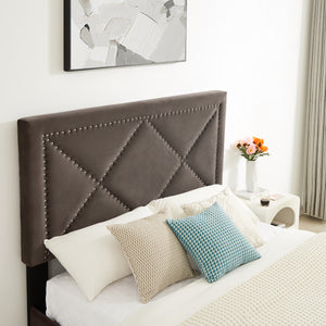 B109 Queen bed .Beautiful brass studs adorn the headboard, strong wooden slats + metal legs with Electroplate