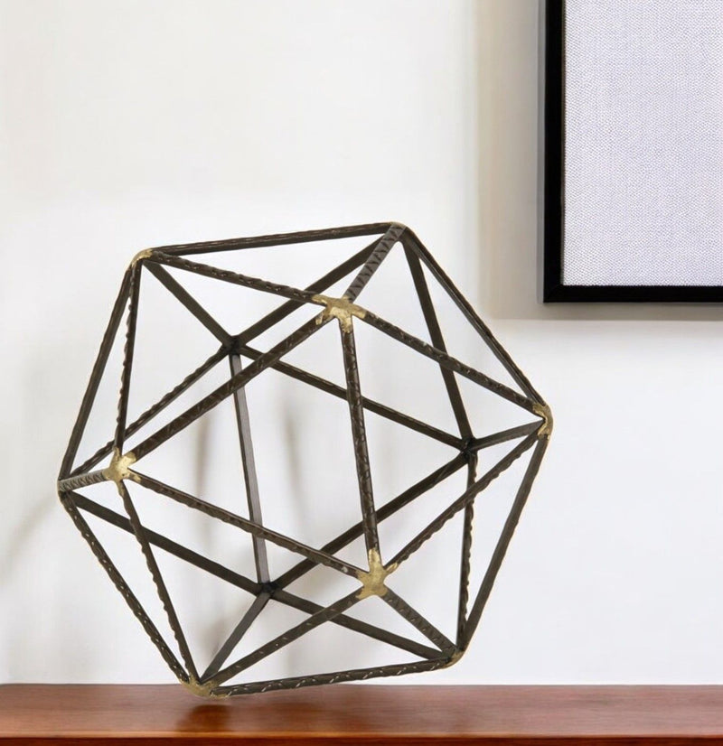 Hand Painted Geometric Orb Tabletop Sculpture (399630) - Brown / Gold