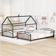 Load image into Gallery viewer, Twin Over Twin Metal Bunk Bed With Slide,Kids House Bed Black+Red
