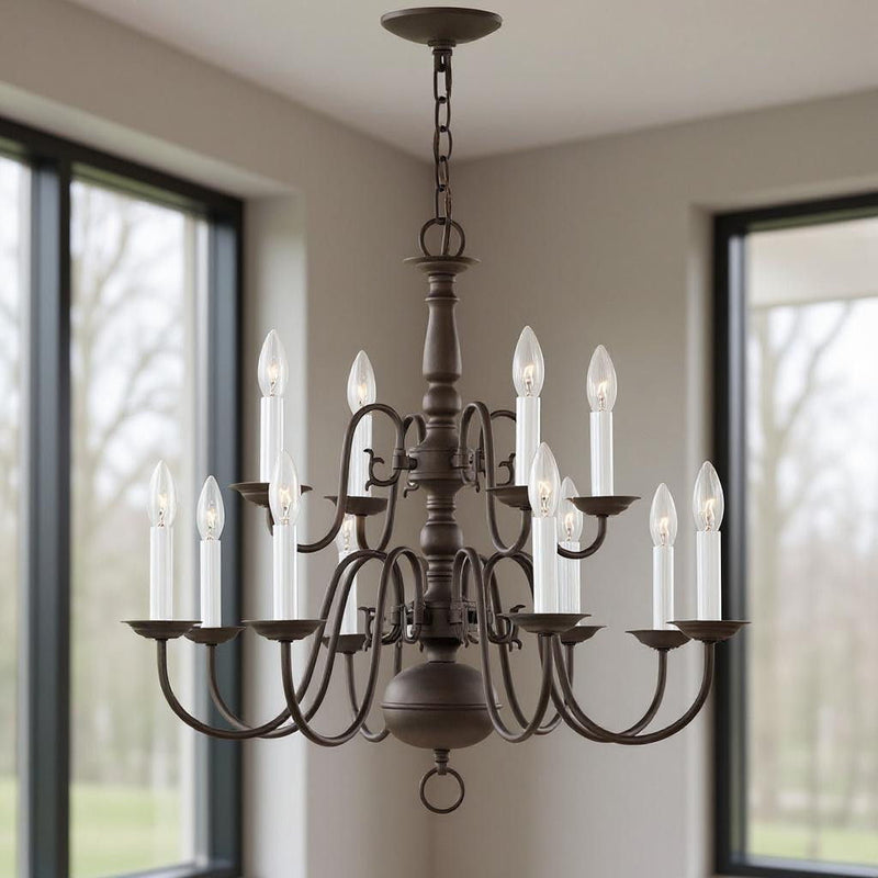 23" Twelve Light Dimmable Chandelier With Shades - Bronze