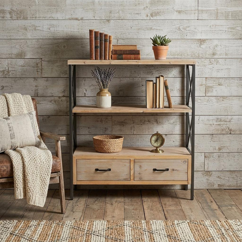 Three Tier Etagere Bookcase With Two Drawers - Brown