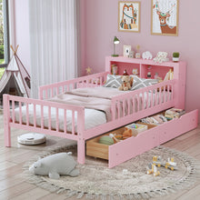 Load image into Gallery viewer, Bed With Headboard Storage Rack, 2 Under Bed Drawers, 3 Side Guardrails For Safety
