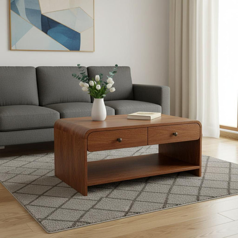 Solid Wood Floor Shelf Coffee Table With Two Drawers Shelf - Chestnut