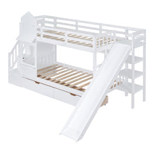 Load image into Gallery viewer, Twin-Over-Twin Castle Style Bunk Bed with 2 Drawers 3 Shelves and Slide - White
