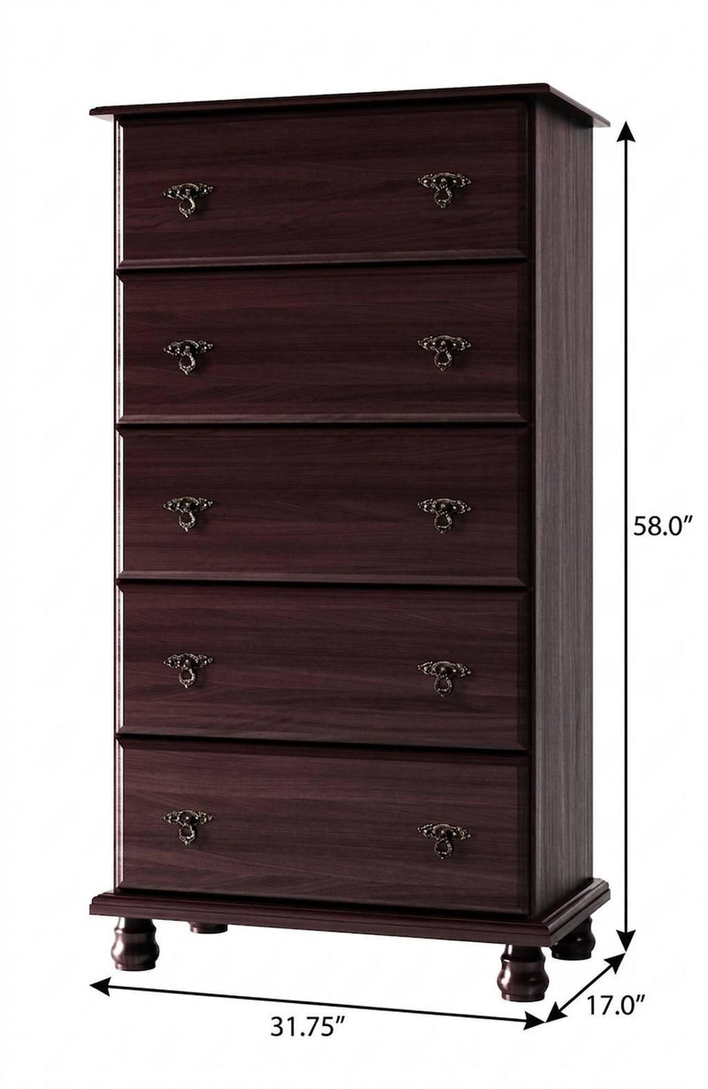 Solid Wood Five Drawer Dresser (760737) - Dark Brown
