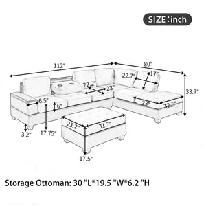 Orisfur. Modern Sectional Sofa with Reversible Chaise, L Shaped Couch Set with Storage Ottoman and Two Cup Holders for Living Room