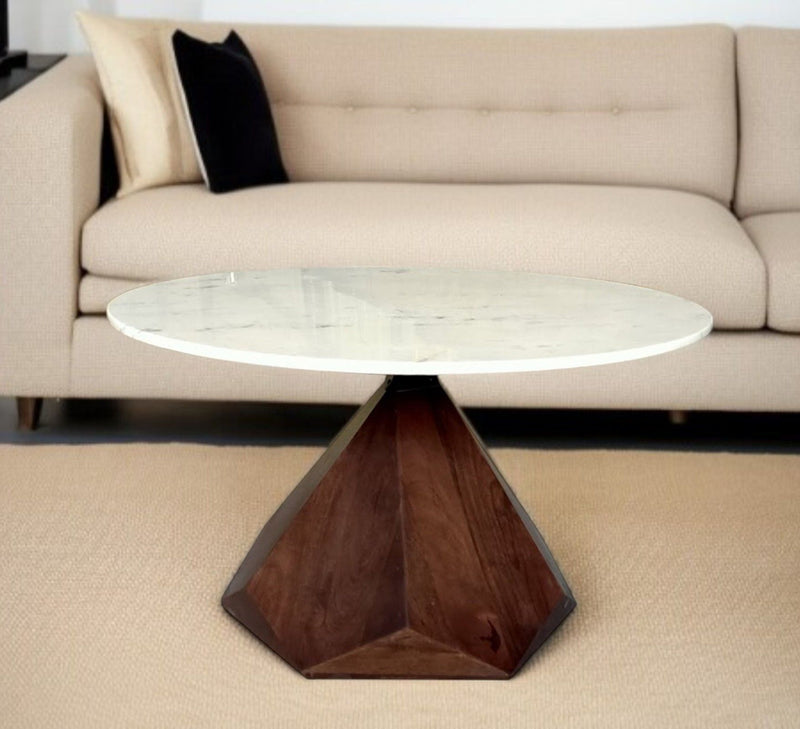 Solid Wood And Marble Geo Coffee Table - Brown And White