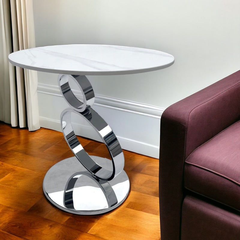 21" Stone And Stainless Steel Round Pedestal End Table - Silver And White