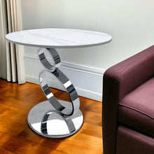 Load image into Gallery viewer, 21" Stone And Stainless Steel Round Pedestal End Table - Silver And White
