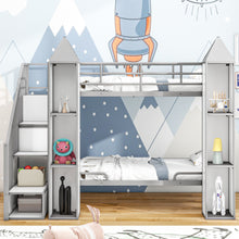 Load image into Gallery viewer, Metal Twin over Twin Castle-shaped Bunk Bed with Wardrobe and Multiple Storage, Gray+White
