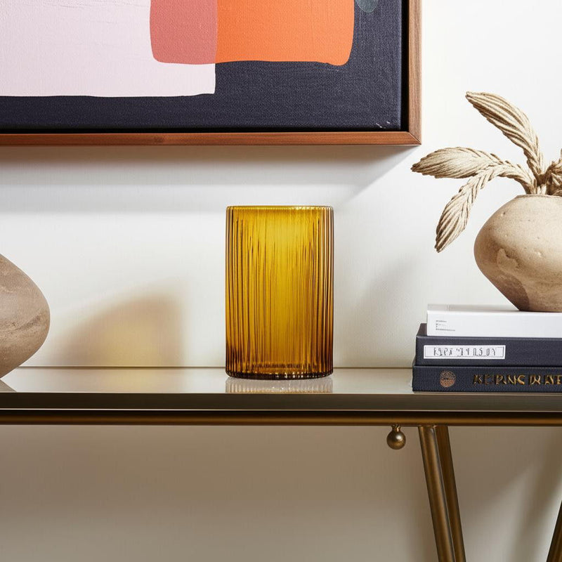 Cylinder Ribbed Table Vase - Amber