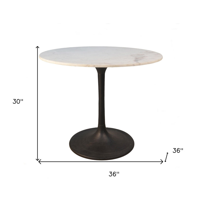 36" Rounded Marble And Iron Pedestal Base Dining Room Table - White