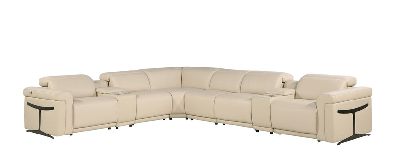 Italian Leather Modular L-Shaped Eight Piece Corner Sectional With Console - Beige