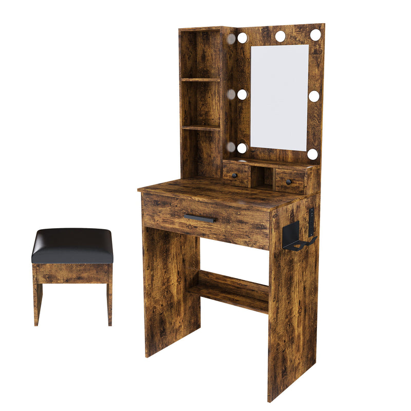 Wood Mirrored Three Drawer Vanity Table Lights - Brown