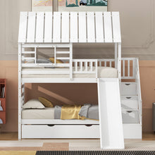 Load image into Gallery viewer, Twin over Twin House Bunk Bed with Trundle and Slide, Storage Staircase, Roof and Window Design, White(Old SKU: GX000931AAK)
