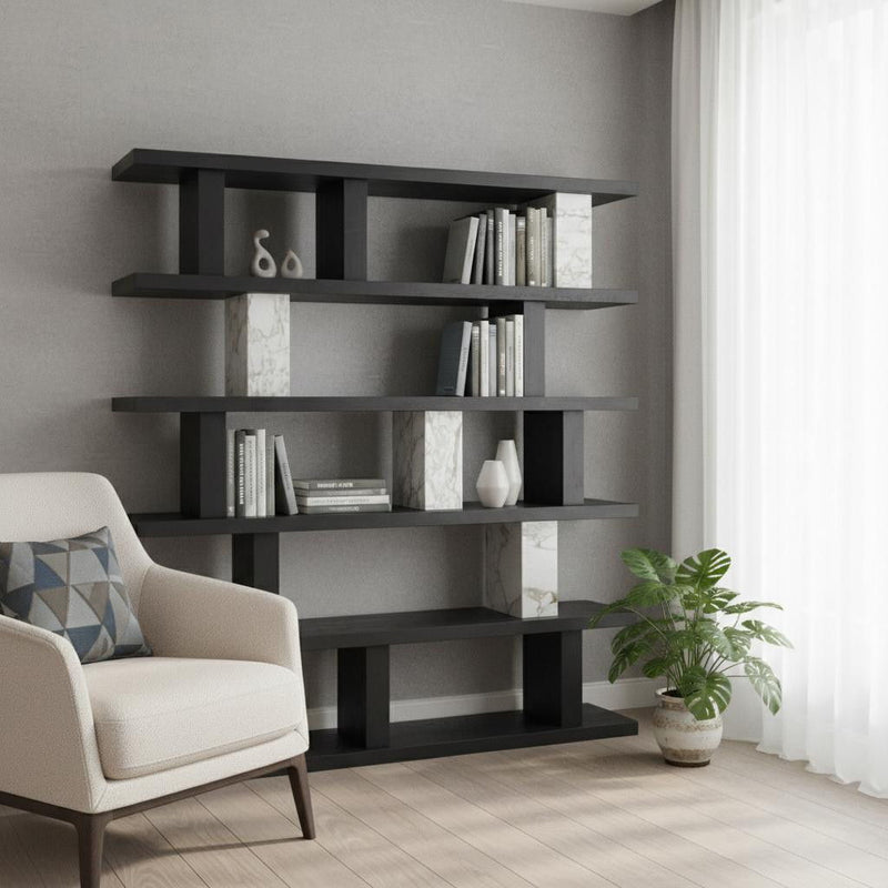 Faux Marble Five Tier Geometric Bookcase - Black / White