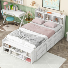 Load image into Gallery viewer, Bed With Bookcase Headboard, Under Bed Storage Drawers And Bed End Storage Case
