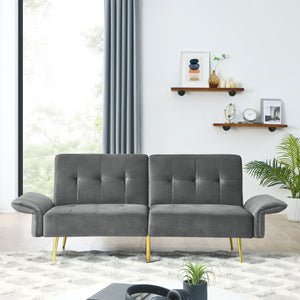 78" Italian Velvet Futon Sofa Bed, Convertible Sleeper Loveseat Couch with Folded Armrests and Storage Bags for Living Room and Small Space, Grey 280g velvet