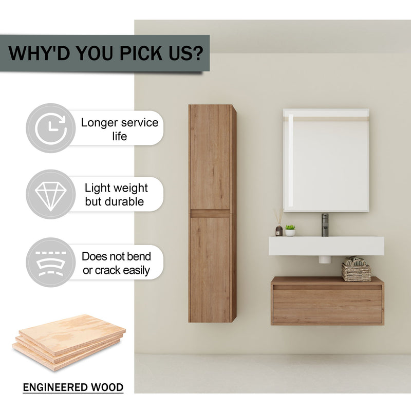 Modern Wall Mounted 30 Inch Bathroom Vanity With Resin Sink And 2 Side Cabinet - Imitative Oak