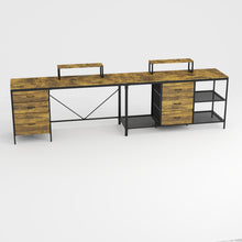 Load image into Gallery viewer, Industrial L Shaped Computer Desk With Power Outlets &amp; USB-C, 6 Fabric Drawers, 3 Open Shelves, Movable Monitor Stands - Brown
