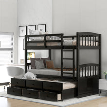 Load image into Gallery viewer, Twin over Twin Wood Bunk Bed with Trundle and Drawers, Espresso
