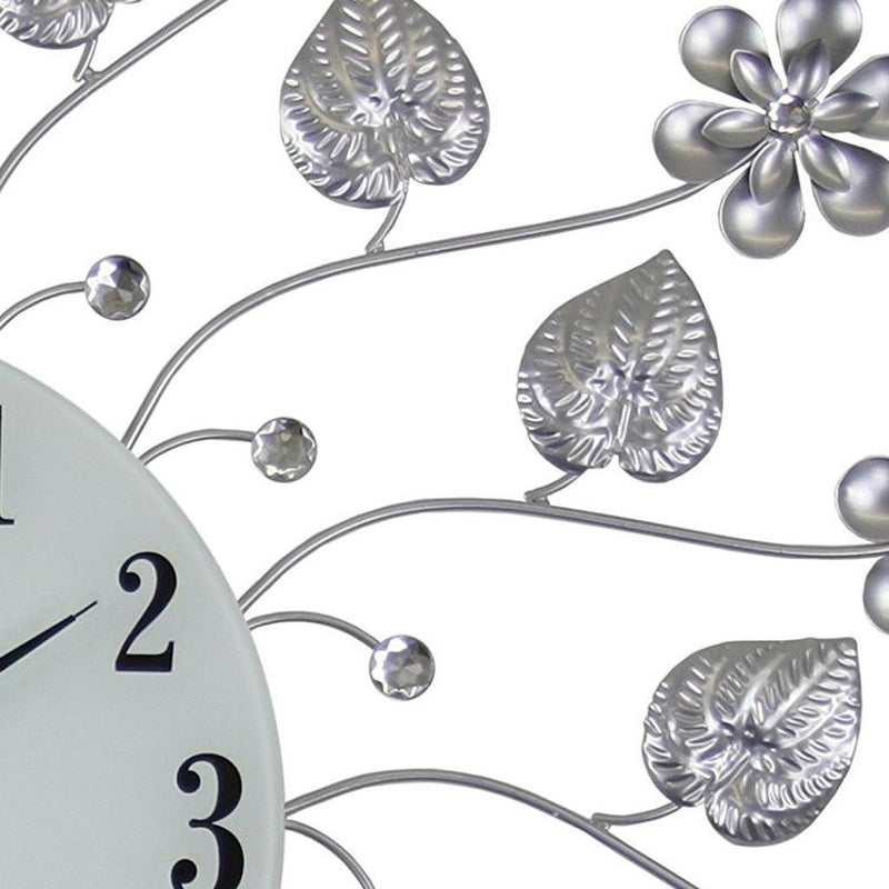 Silent Analog Floral Round Wall Clock - Silver / Silver / White