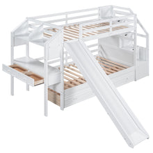 Load image into Gallery viewer, Twin over Twin Bunk Bed with Storage Staircase, Slide and Drawers, Desk with Drawers and Shelves, White
