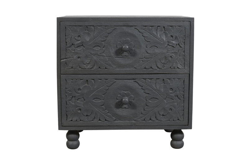 Solid Wood Carved Scrollwork Two Drawer Nightstand - Gray