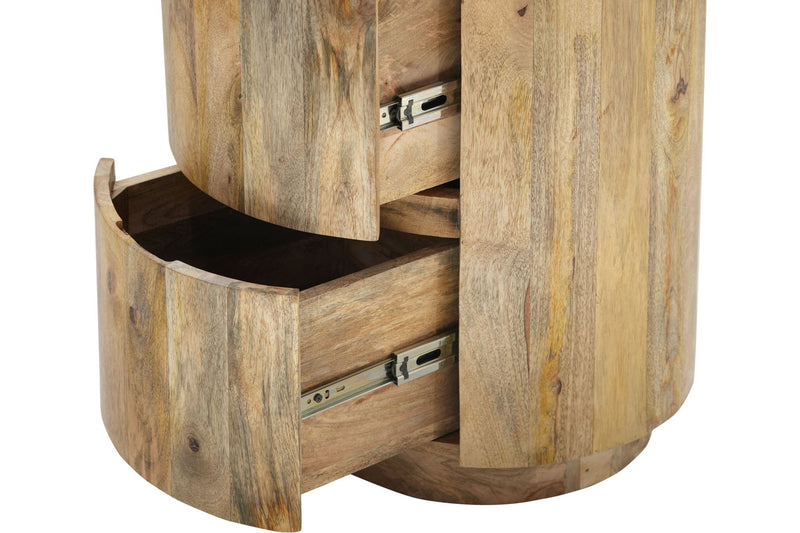24" Solid Wood Round Drum End Table With Two Drawers - Natural