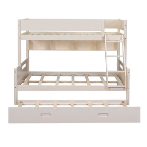 Wood Twin over Full Bunk Bed with Storage Shelves and Twin Size Trundle, Cream