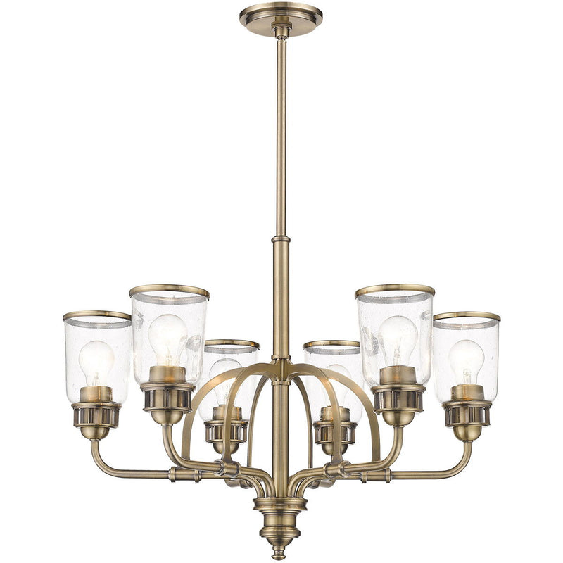Six Light Metal Dimmable Chandelier With Shades - Antiqued Brass / Clear
